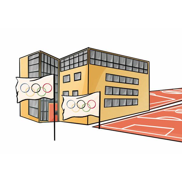 Illustration eines modernen Geb&auml;udes mit olympischen Flaggen vor einer Sportfl&auml;che in Rot.