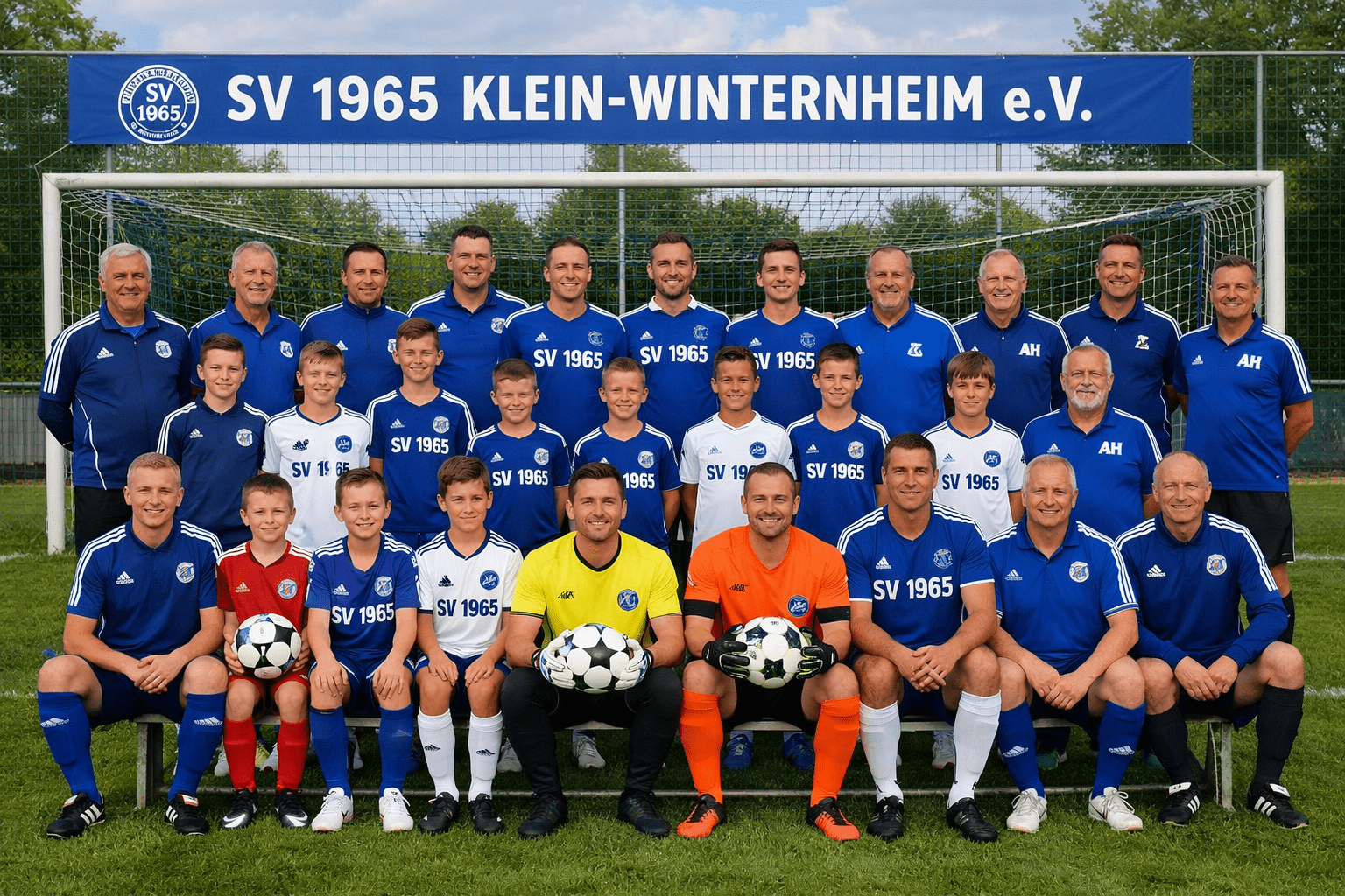 Mannschaftsfoto des SV 1965 Klein-Winterheim e.V. mit Spielern und Trainern auf einem Sportplatz.