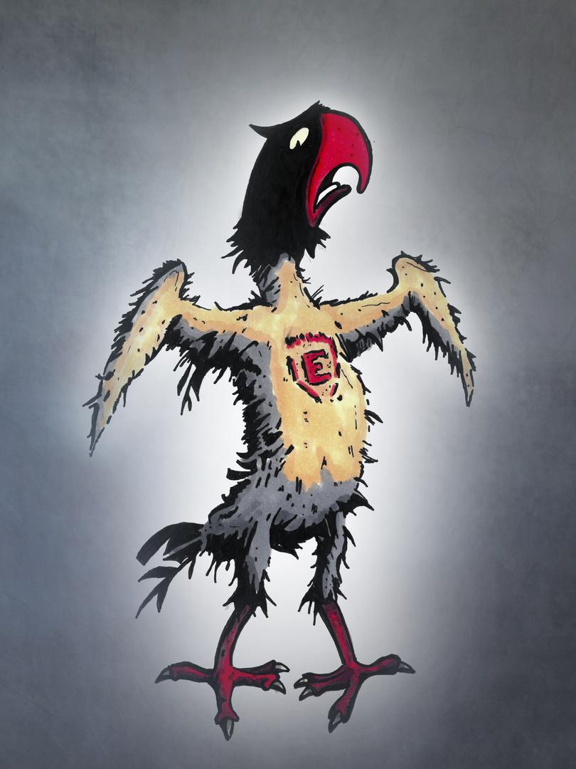 Karikatur eines Vogels mit rotem Schnabel und nacktem Brustbereich, der erstaunt in die Kamera schaut.