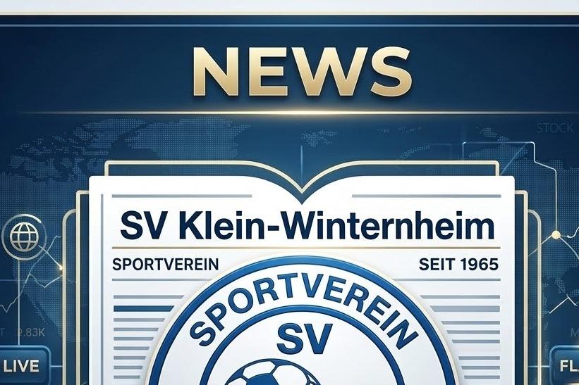 Logo des SV Klein-Winterheim mit Fußballmotiv, umgeben von einer grafischen Darstellung von Nachrichten.
