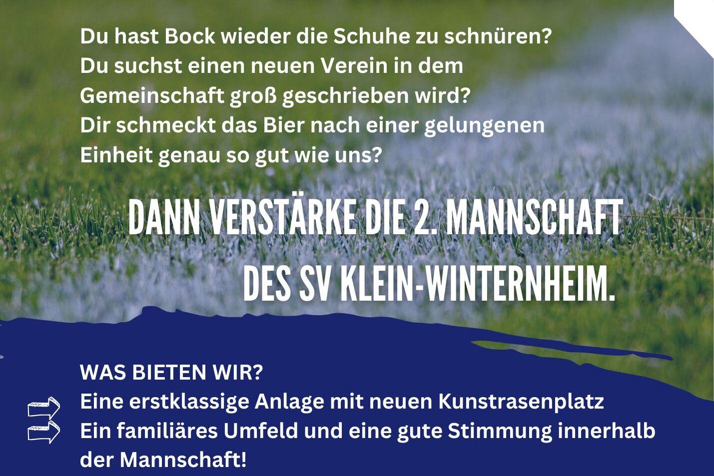 Plakat des SV Klein-Winterheim mit Aufruf zur Verst&auml;rkung der 2. Mannschaft und Informationen zum Verein.