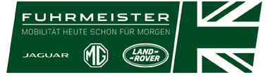 Logo der Firma Fuhrmeister mit Slogan, Jaguar-, MG- und Land Rover-Logos sowie einem britischen Flaggenmotif.