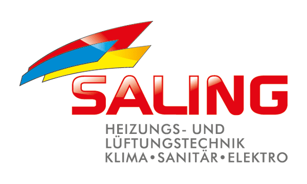 Logo der Firma Saling mit den Begriffen Heizungs- und L&uuml;ftungstechnik, Klima, Sanit&auml;r und Elektro in Rot und Grau.