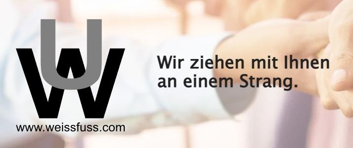 Logo von Weissfuss mit dem Slogan &bdquo;Wir ziehen mit Ihnen an einem Strang&ldquo; und einer verschwommenen Handshake-Darstellung.